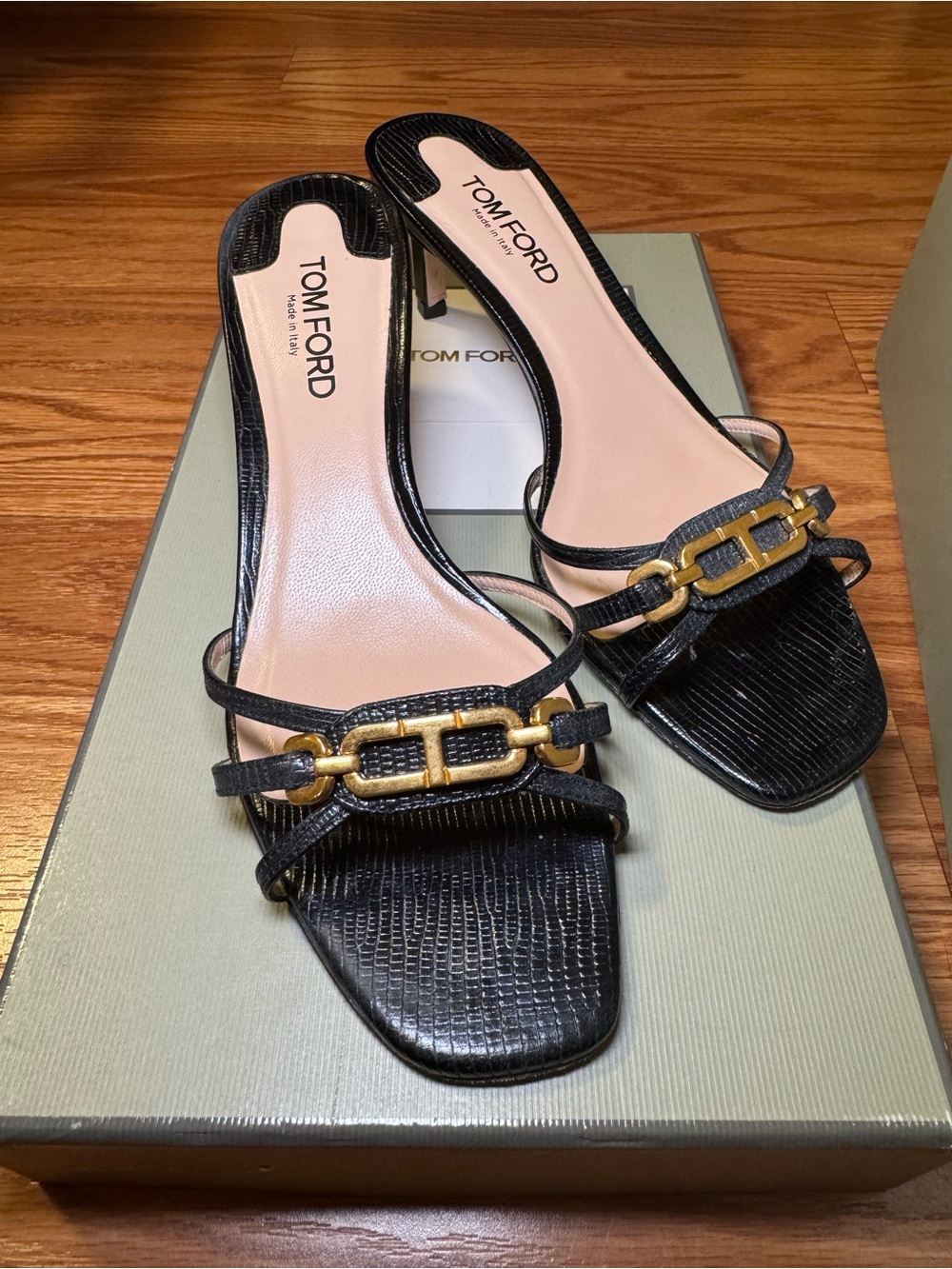 Tom Ford Black Lizard-Embossed Leather Sandal with Gold Chain Accent